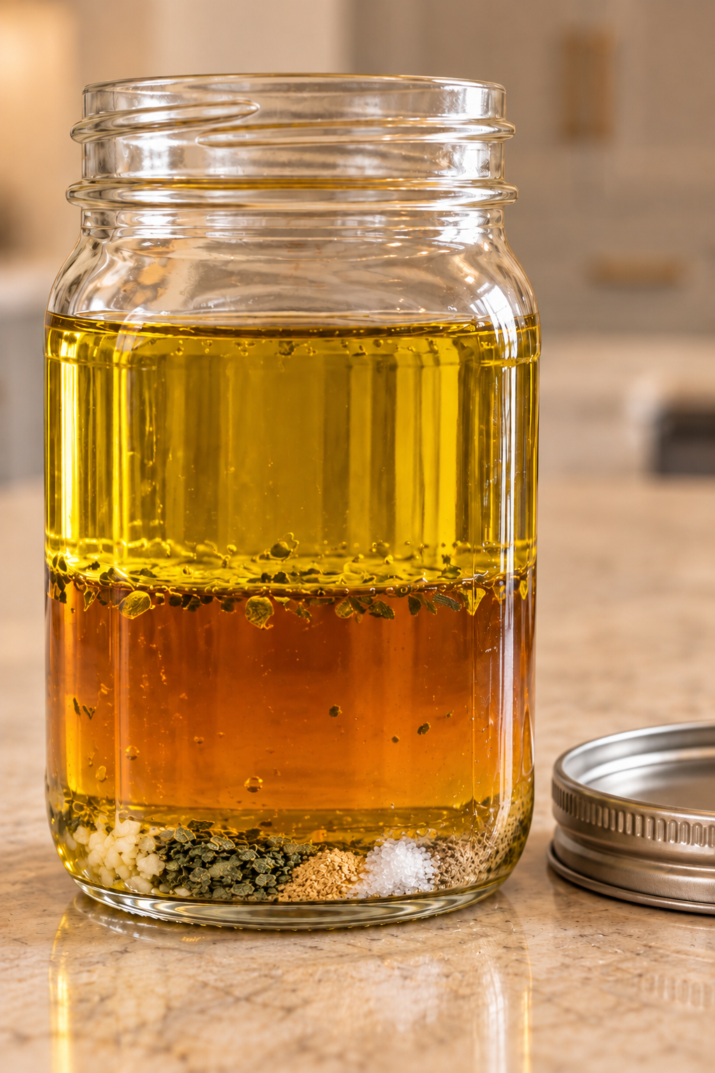 Olive oil cider vinegar sage garlic mustard salt and white pepper layered in a glass jar
