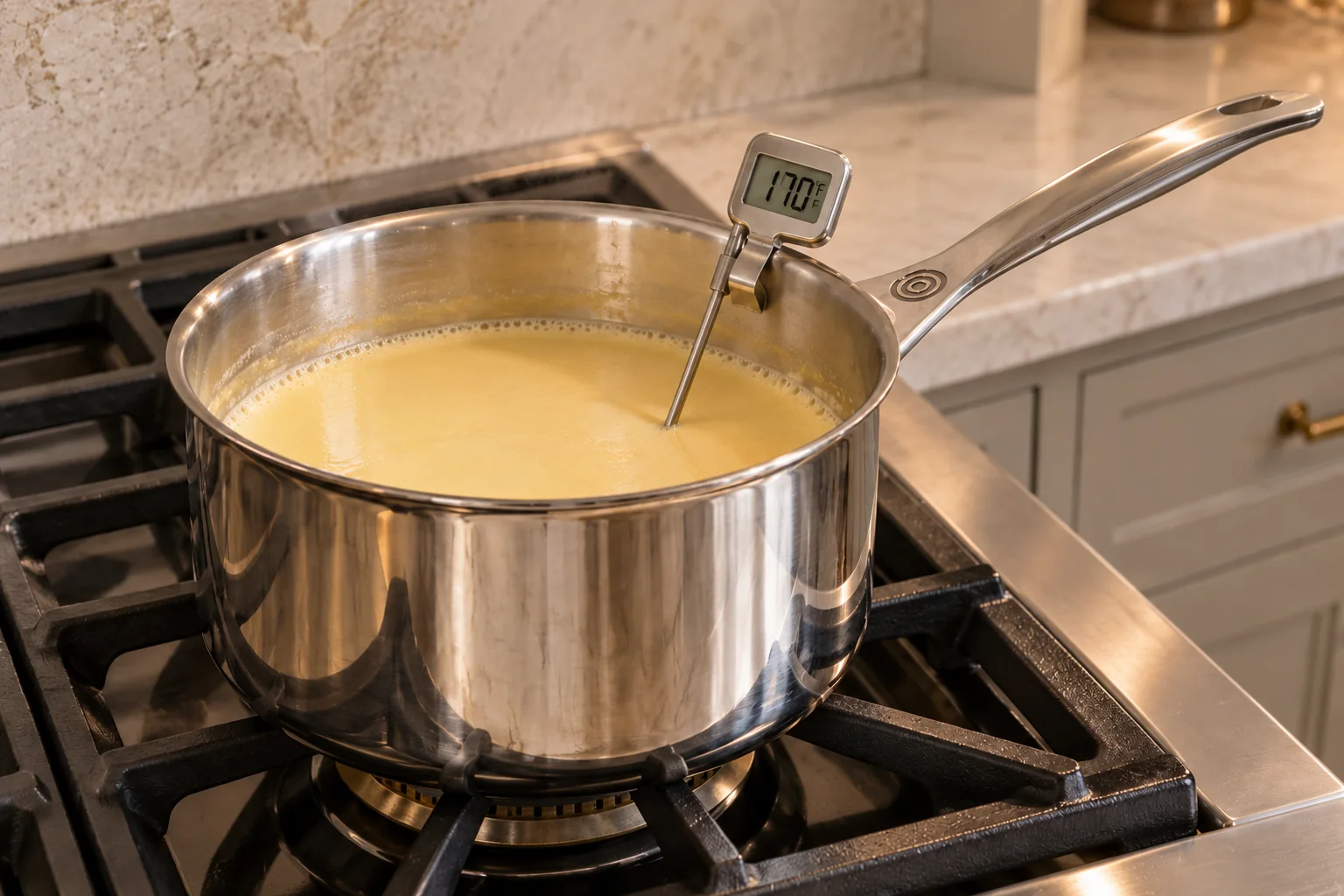 Coconut custard base heated to 170&deg;F in the Le Creuset stainless saucepan