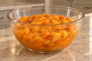 Raw apricot chunks folded into cooked apricot puree