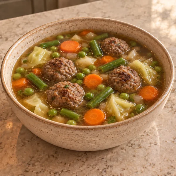 Beef meatball vegetable soup for Full GAPS with cabbage, green beans, peas and carrot coins