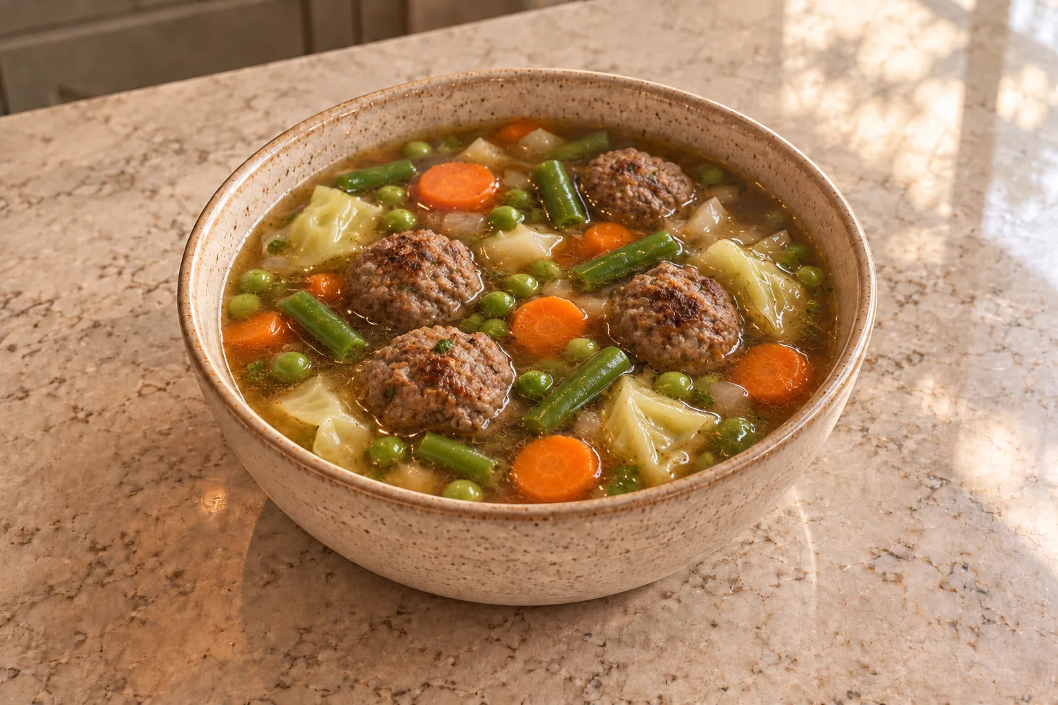 Beef meatball vegetable soup for Full GAPS with cabbage, green beans, peas and carrot coins