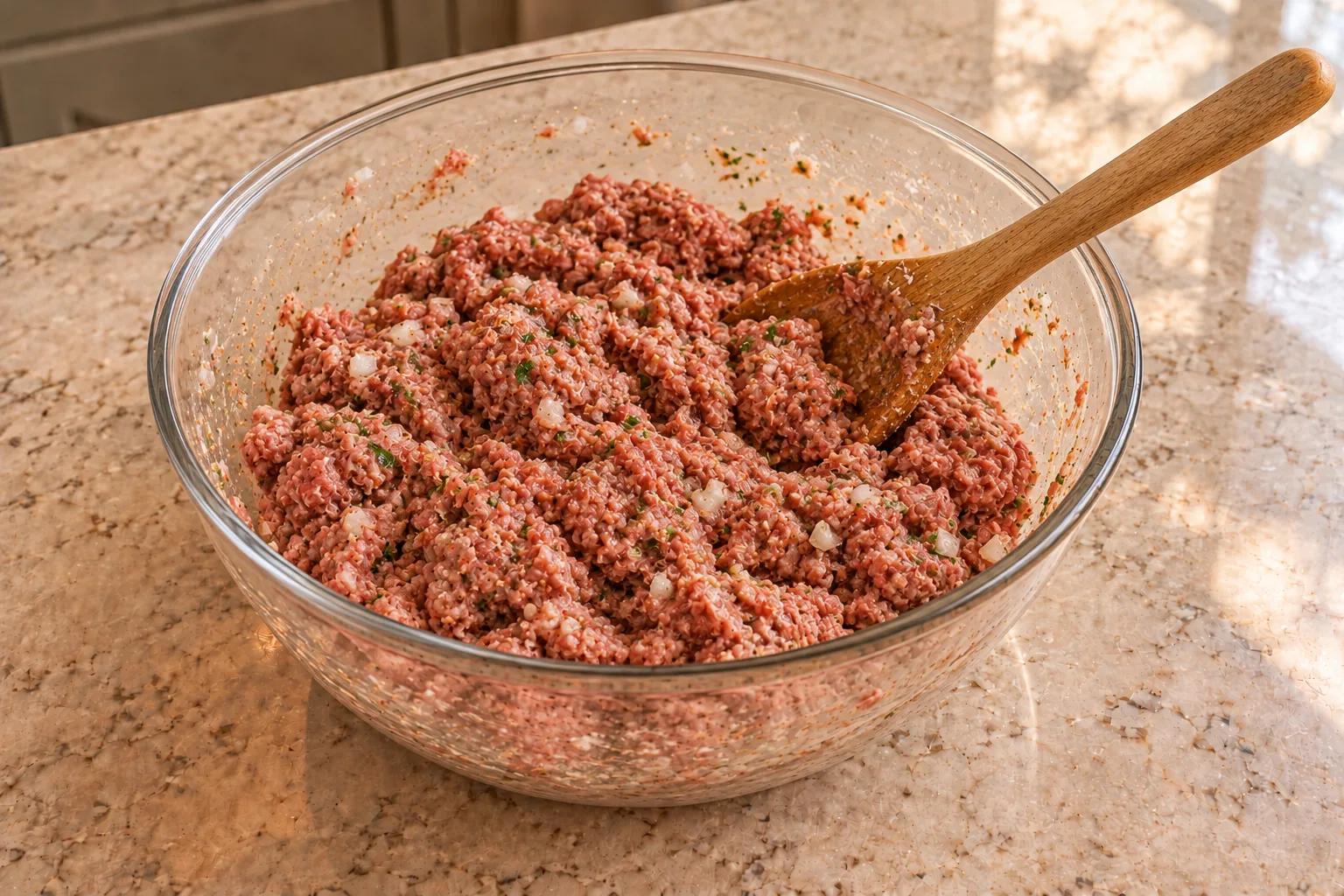 Raw beef meatball mixture with onion, dried parsley and almond flour in a glass bowl for Full GAPS soup