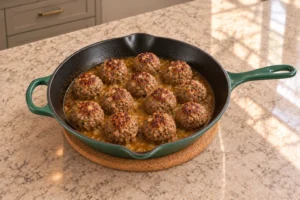 Browned Full GAPS beef meatballs in shallow juices in an Artichaut skillet on a heatproof trivet