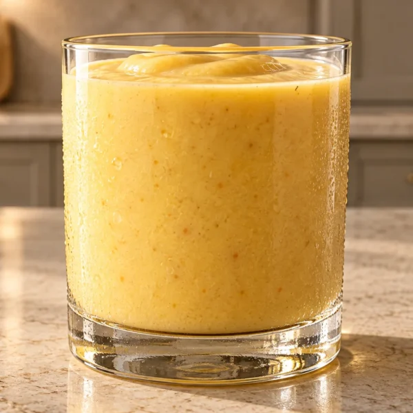 Dairy-free cashew mango egg-yolk smoothie for Full GAPS in a clear glass