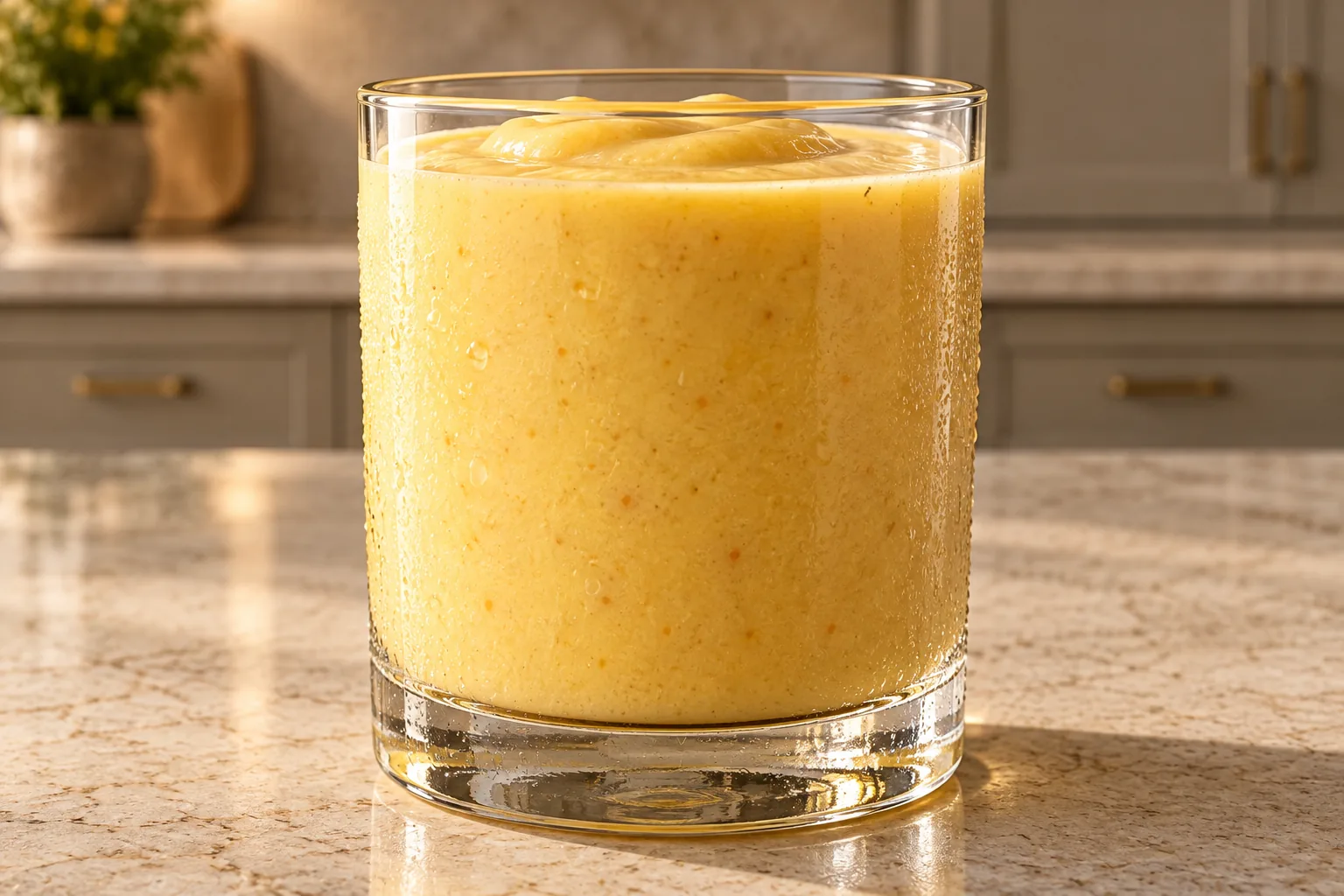 Dairy-free cashew mango egg-yolk smoothie for Full GAPS in a clear glass