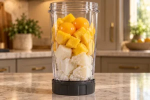 Frozen cashew milk mango and exactly two raw egg yolks in the Ninja BN801 cup