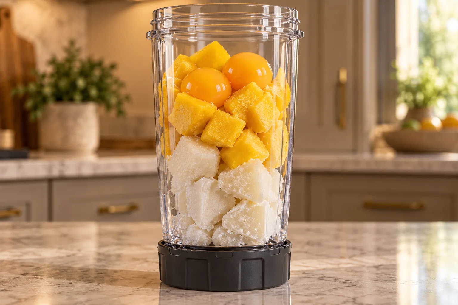 Frozen cashew milk mango and exactly two raw egg yolks in the Ninja BN801 cup