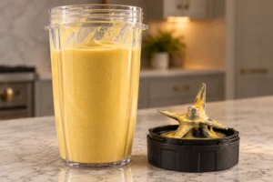 Smooth pale golden cashew mango egg-yolk smoothie in the Ninja BN801 cup