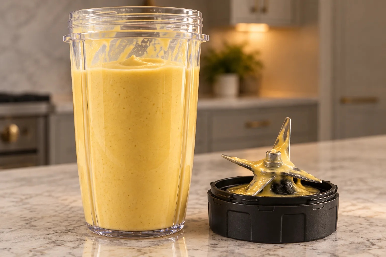 Smooth pale golden cashew mango egg-yolk smoothie in the Ninja BN801 cup