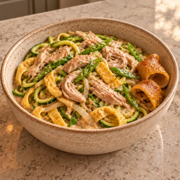 Full GAPS chicken Pad Thai with zucchini strands, egg ribbons, snap peas and sesame almond sauce, with rolled chicken skins