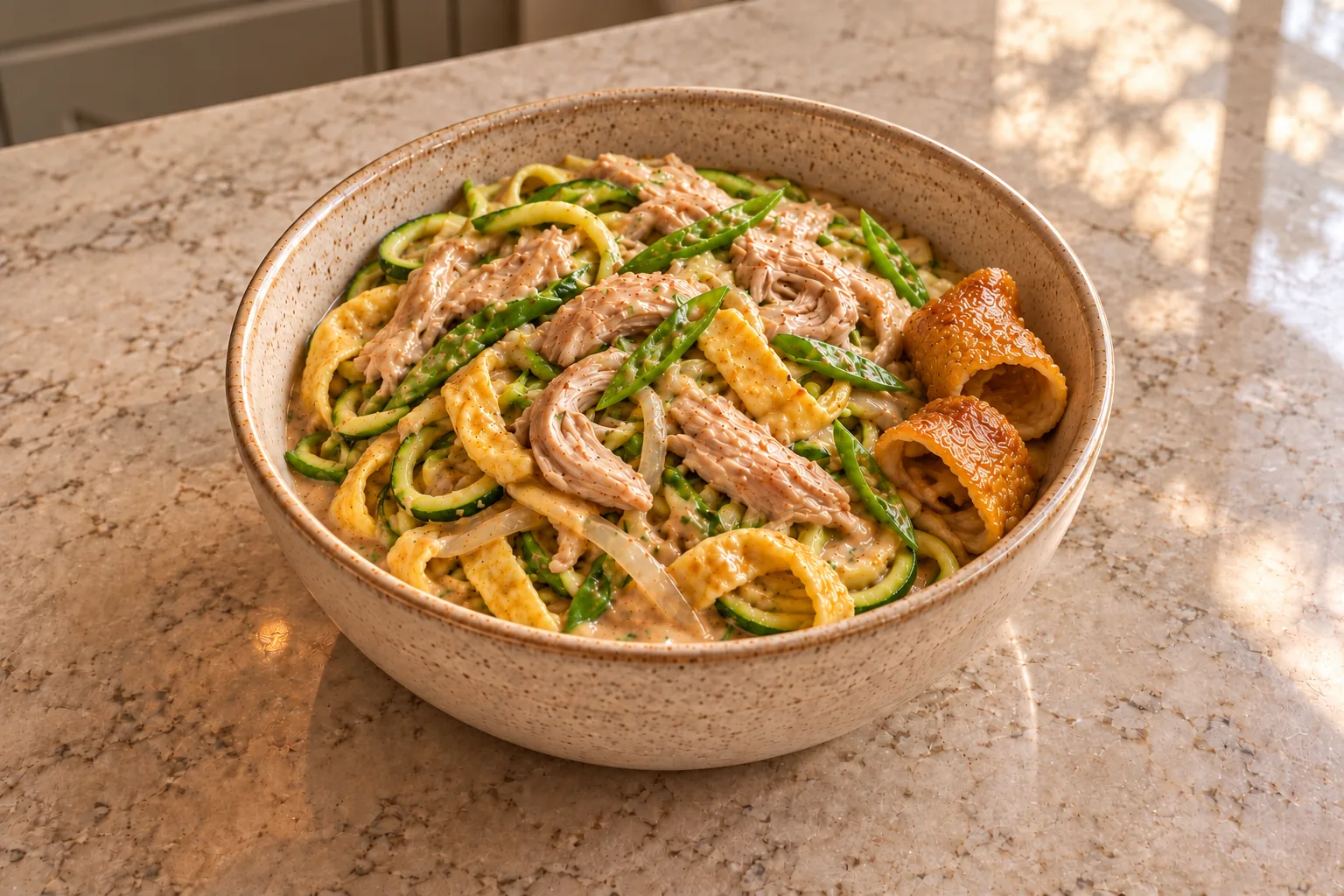 Full GAPS chicken Pad Thai with zucchini strands, egg ribbons, snap peas and sesame almond sauce, with rolled chicken skins