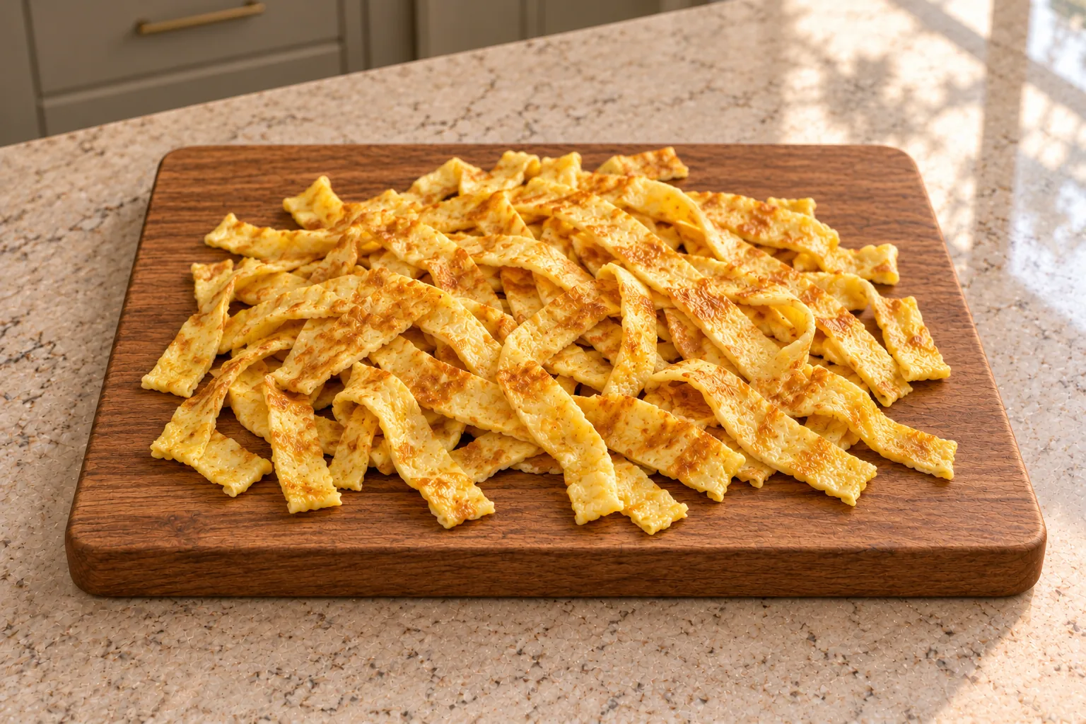 Three thin cooked egg pancakes cut into half-inch ribbons for Full GAPS chicken Pad Thai