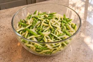 Drained zucchini strands, slivered snap peas and translucent onion ready to combine for Full GAPS chicken Pad Thai