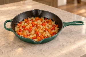 Onion garlic and bell pepper softened in the Artichaut skillet