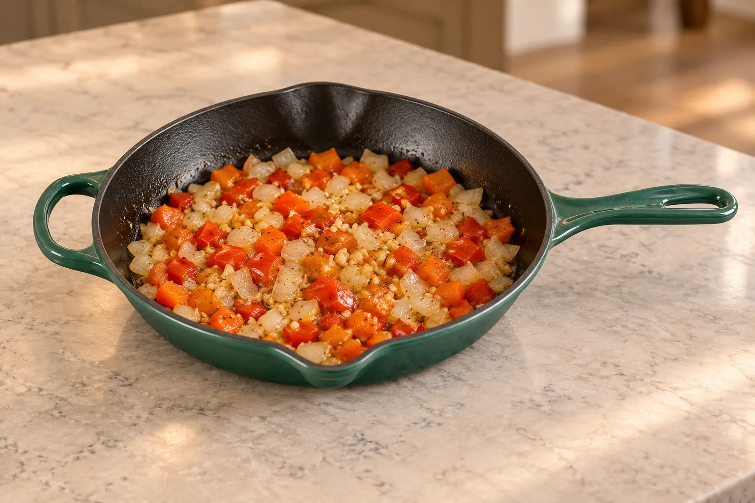 Onion garlic and bell pepper softened in the Artichaut skillet