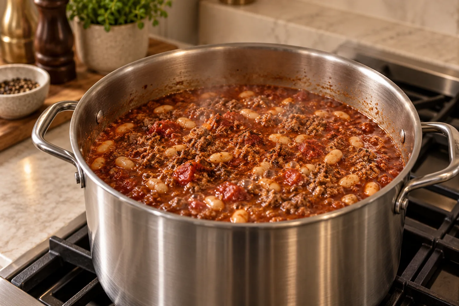 Classic navy bean beef chili simmering in the stainless stockpot