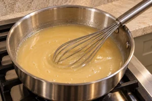 Coconut cream and raw honey melting in a stainless saucepan