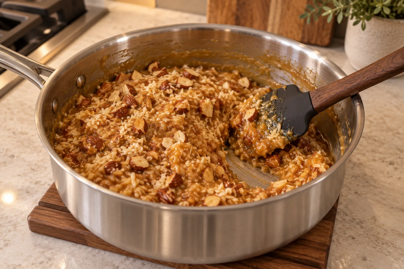 Thick coconut caramel folded with chopped prepared almonds and flaked coconut
