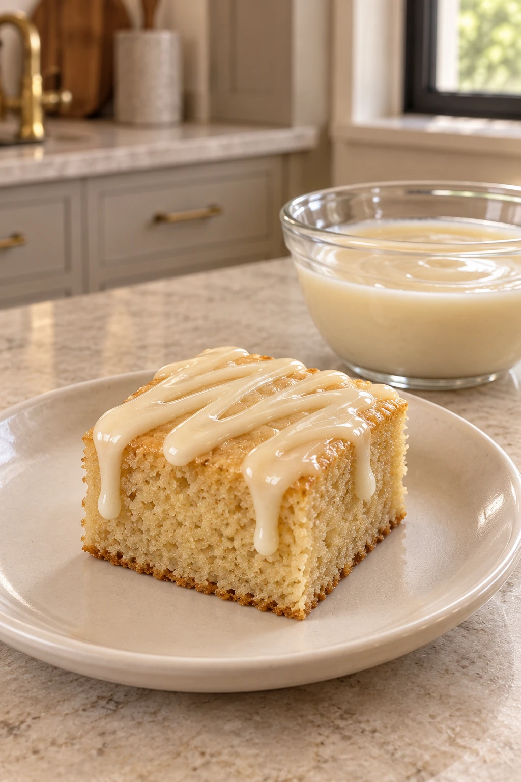 Pale coconut butter icing drizzled over a plain Full GAPS cake square