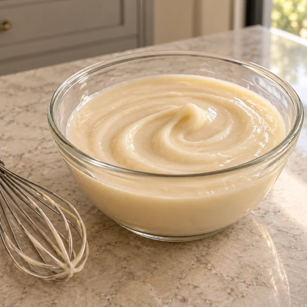 Glossy Full GAPS coconut butter icing with raw honey in a glass bowl