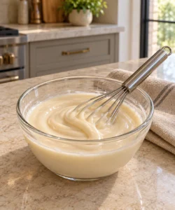 Whisk resting in glossy coconut butter icing at the smooth ribbon stage