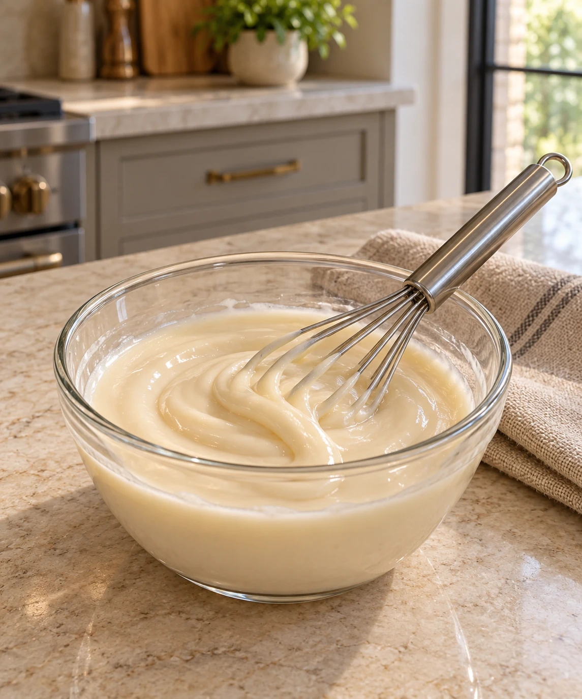 Whisk resting in glossy coconut butter icing at the smooth ribbon stage
