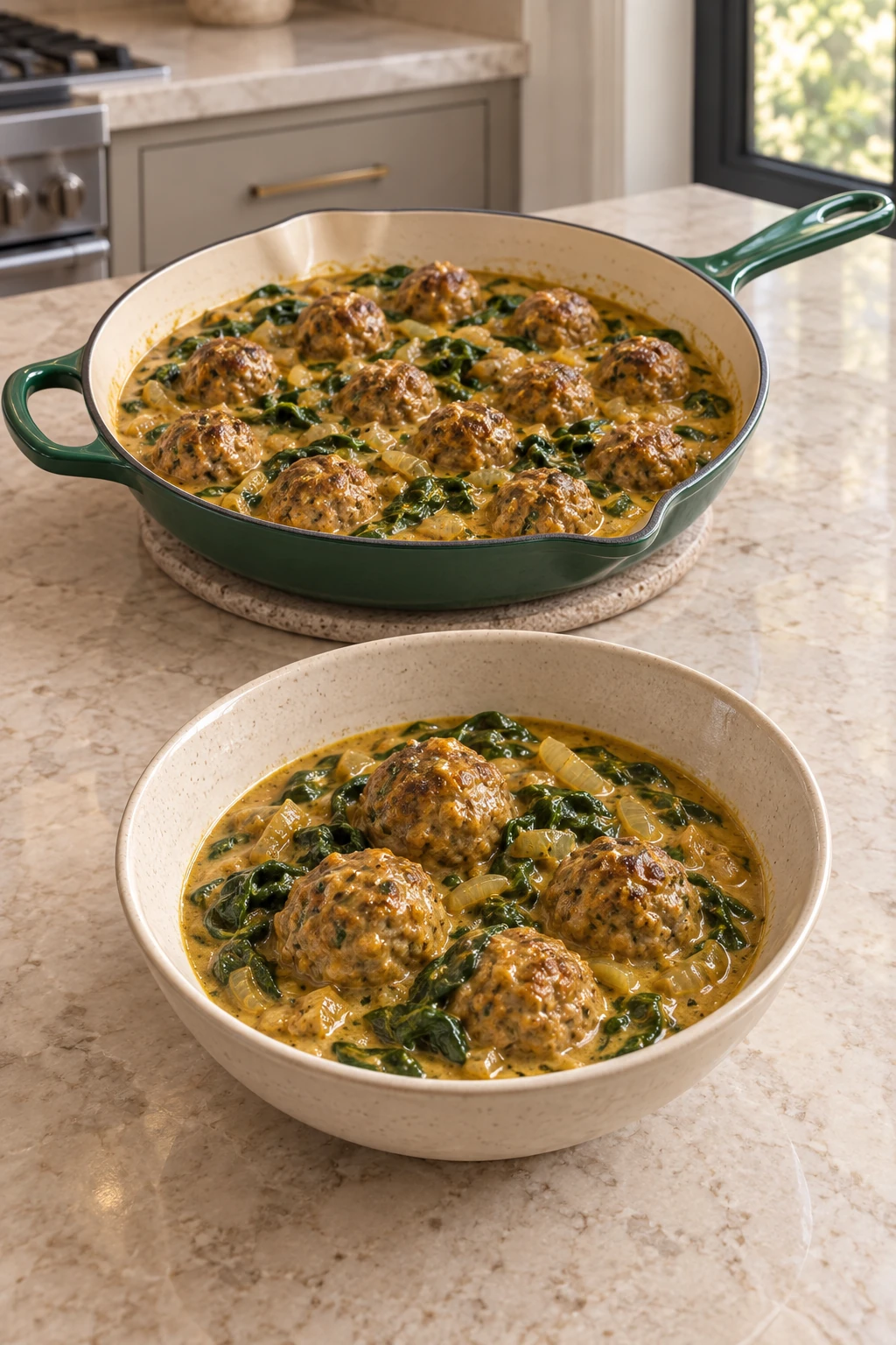 Four coconut korma meatballs with spinach and onions in a cream ceramic bowl
