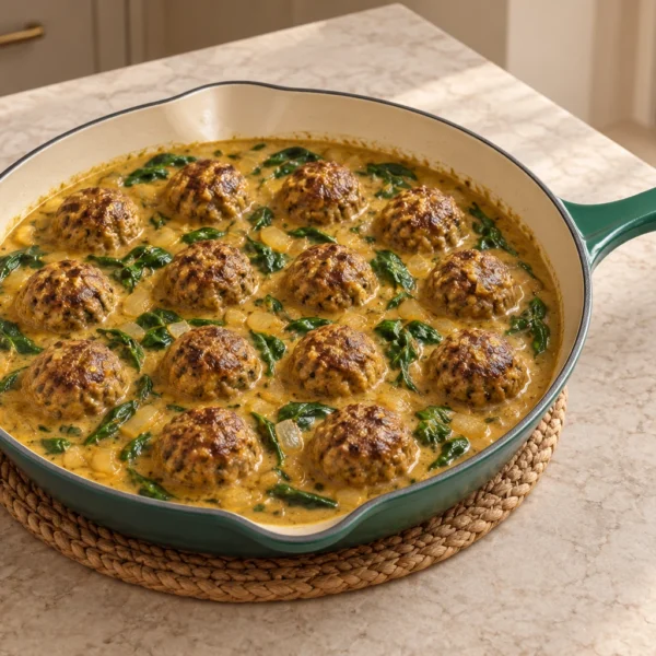 Full GAPS coconut meatball korma curry with spinach and onions in an Artichaut skillet