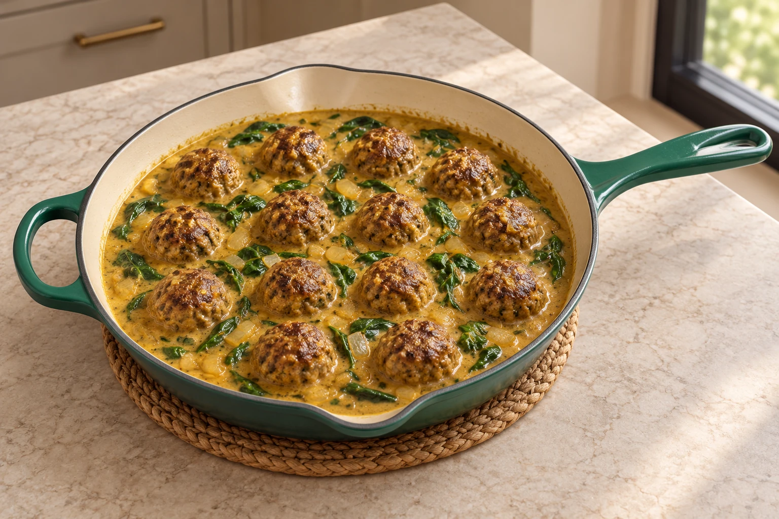 Full GAPS coconut meatball korma curry with spinach and onions in an Artichaut skillet