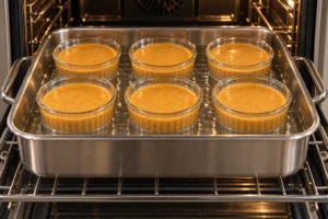 Six pumpkin custard ramekins in a hot-water bath inside the oven