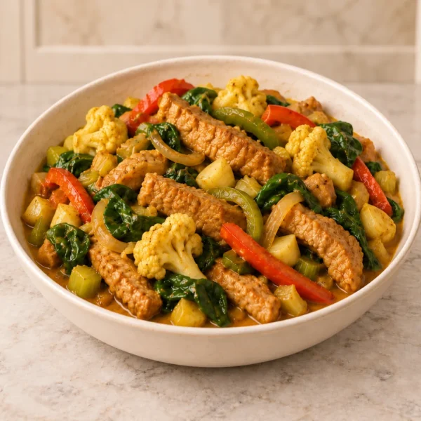 Curried pork with spinach, cauliflower, and bell peppers for Full GAPS