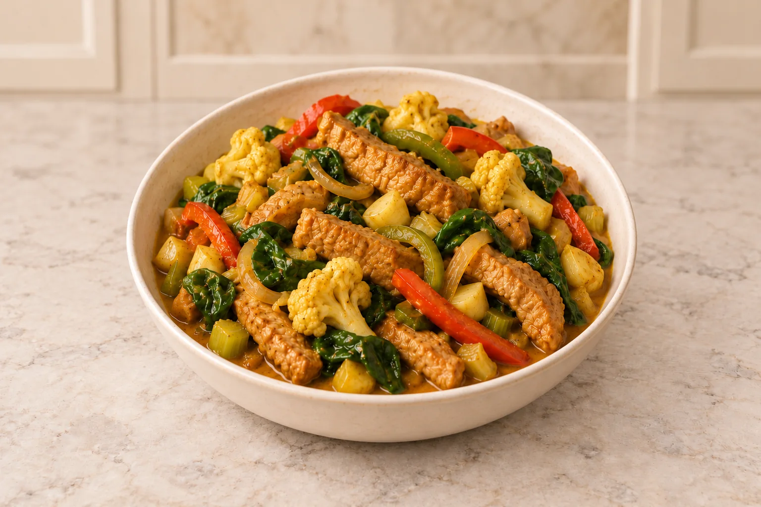 Curried pork with spinach, cauliflower, and bell peppers for Full GAPS