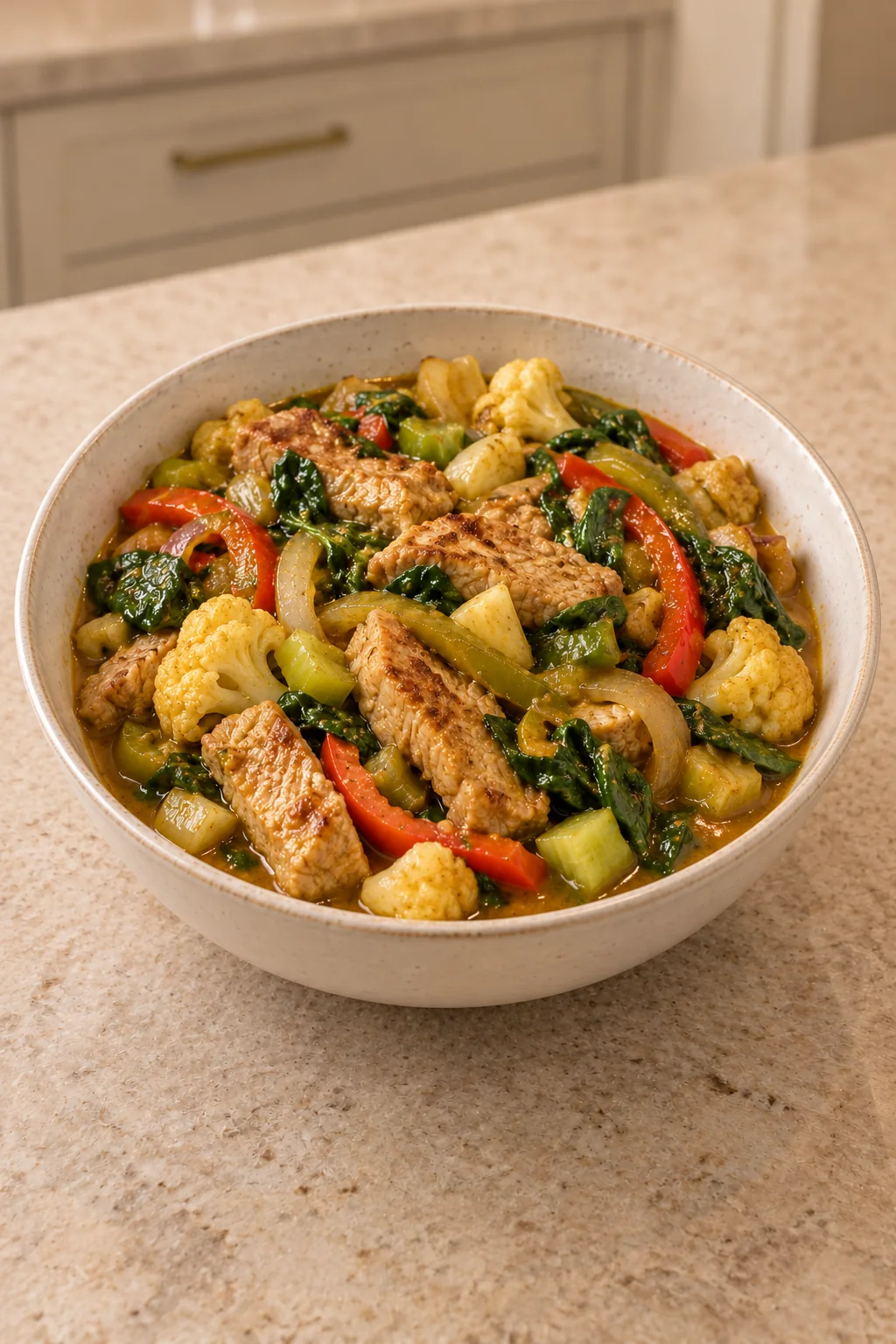 Curried Pork with Spinach, Cauliflower, and Bell Peppers for Full GAPS