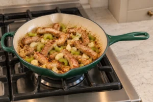 Cooked pork strips with garlic and celery in the Artichaut skillet