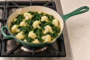 Fork-tender cauliflower and wilted spinach in chicken meat stock