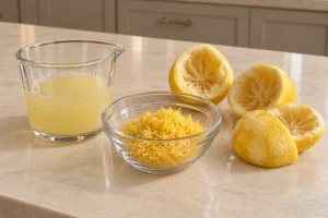 Seed-free lemon juice, finely grated zest and squeezed lemon halves prepared for Full GAPS honey lemon curd