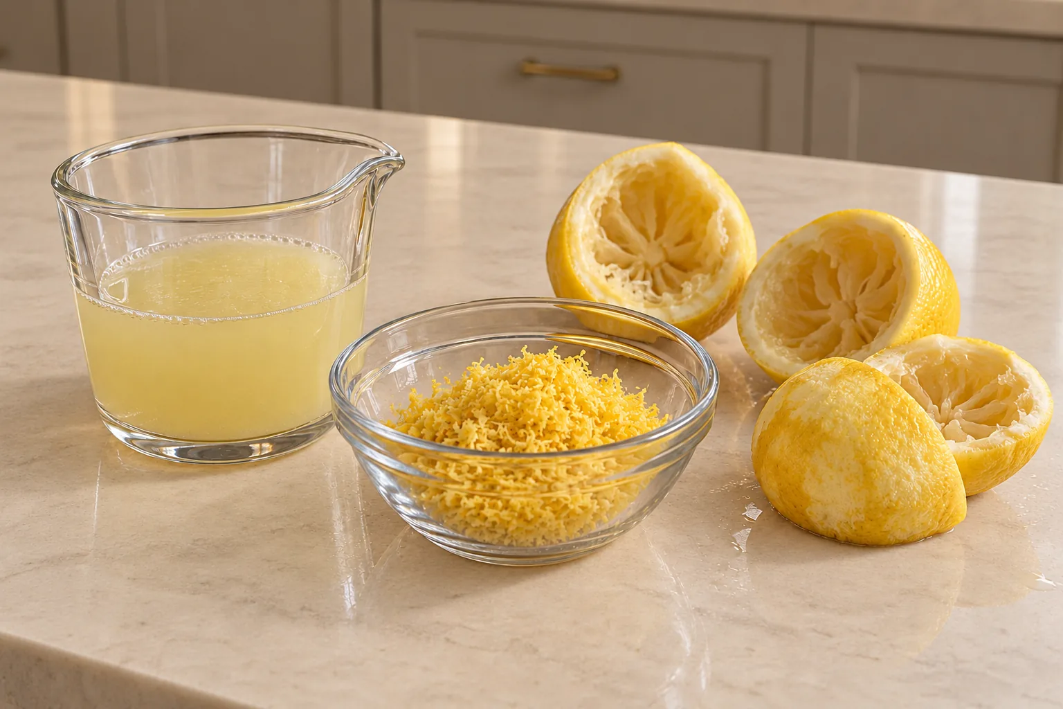 Seed-free lemon juice, finely grated zest and squeezed lemon halves prepared for Full GAPS honey lemon curd