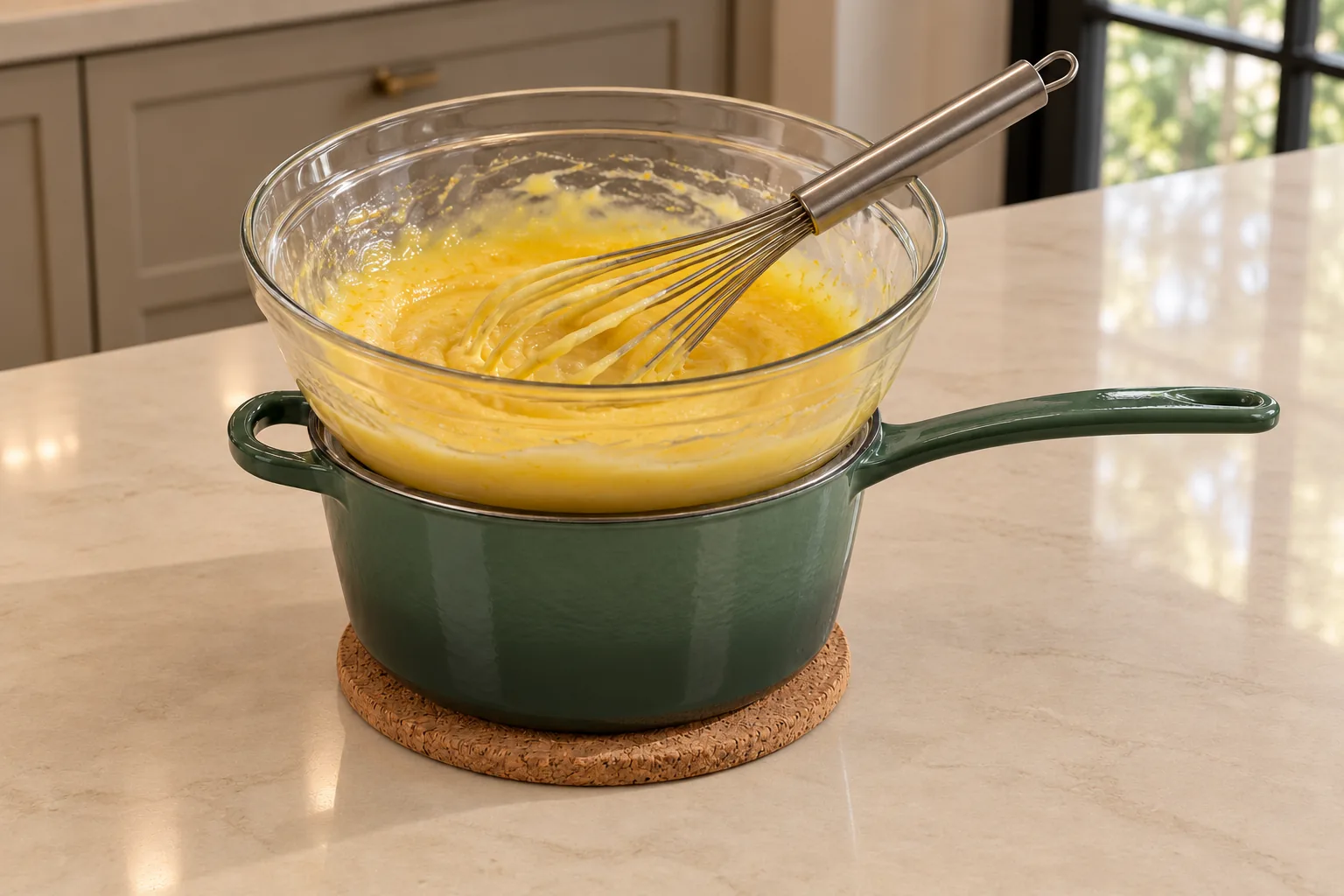 Full GAPS coconut-oil lemon curd at the pudding-thick stage in a supported glass double-boiler bowl with a coated resting whisk