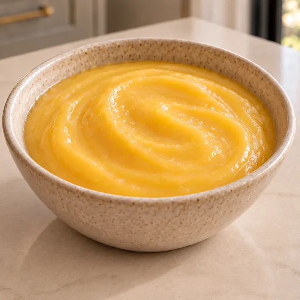 Smooth strained honey lemon curd with coconut oil for Full GAPS in a ceramic bowl