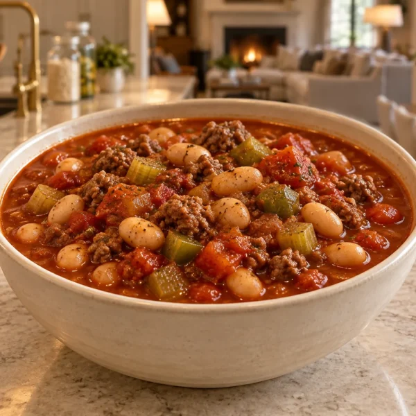 Eight-quart white bean beef chili for Full GAPS in a cream bowl
