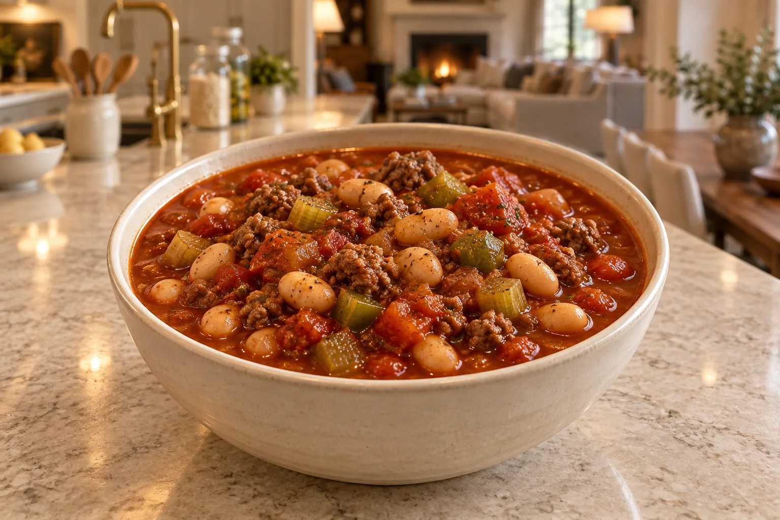 Eight-quart white bean beef chili for Full GAPS in a cream bowl