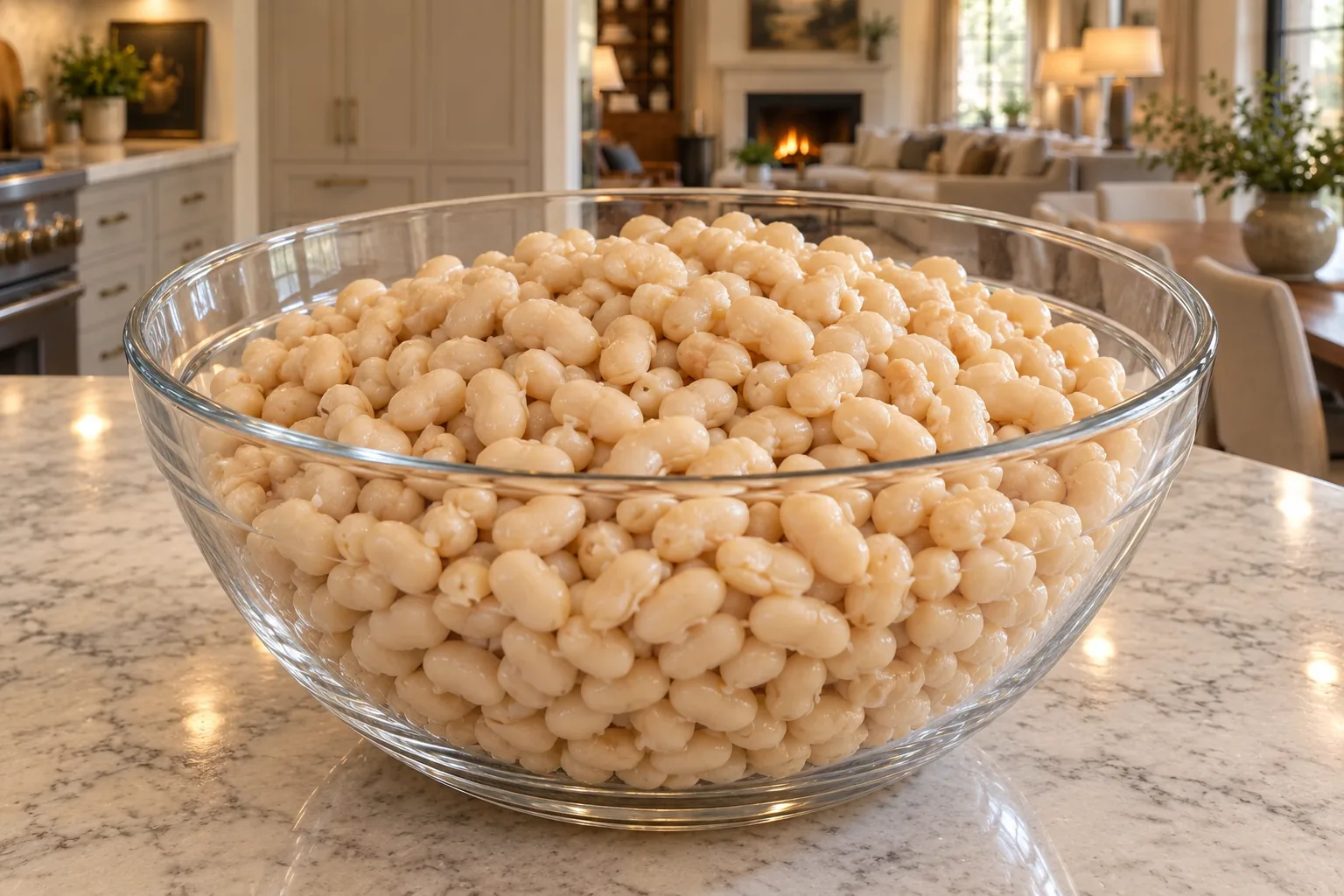 Prepared cooked tender white navy beans in a large glass bowl