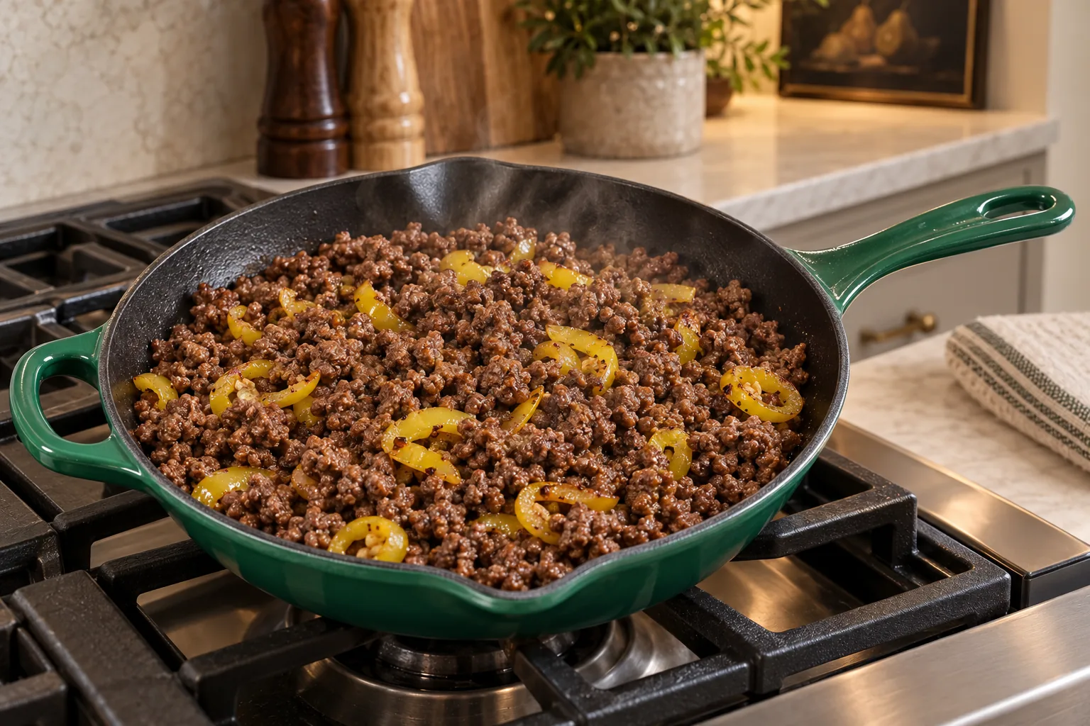 Three pounds ground round beef browned with yellow hot pepper in the Artichaut skillet