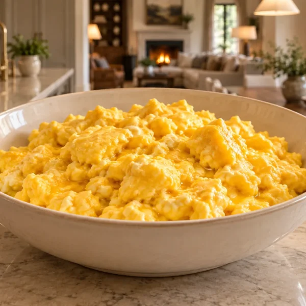 Family-size butter scrambled eggs for Full GAPS in a cream serving bowl