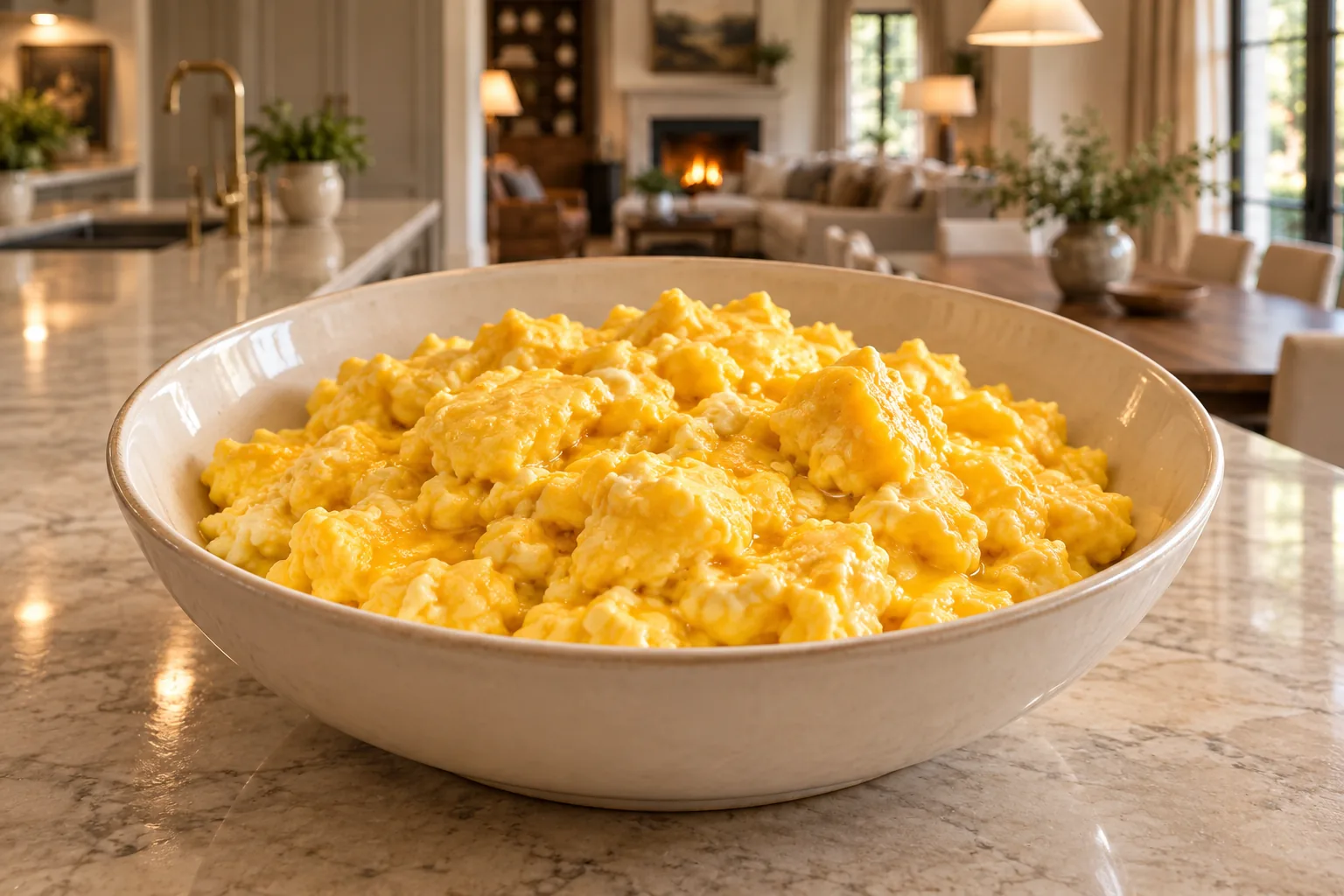 Family-size butter scrambled eggs for Full GAPS in a cream serving bowl