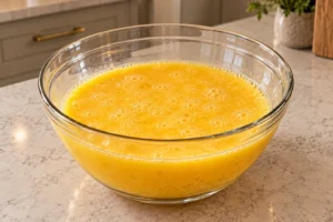 Twelve whisked eggs with mineral salt in a large glass bowl