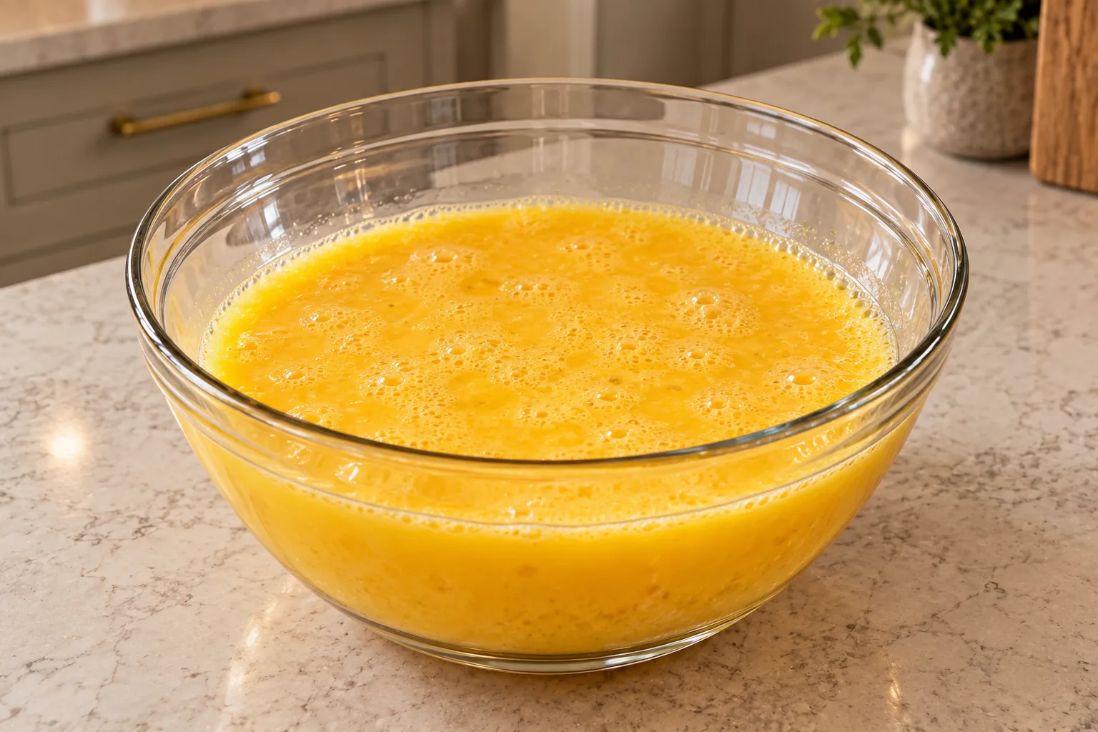 Twelve whisked eggs with mineral salt in a large glass bowl