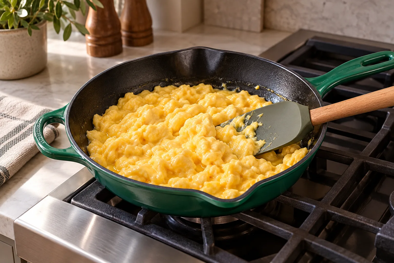 Twelve eggs forming soft curds in butter in the exact Artichaut skillet
