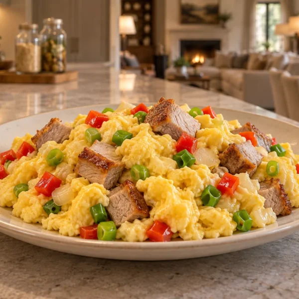 Fresh pork roast scrambled eggs for Full GAPS on a cream plate