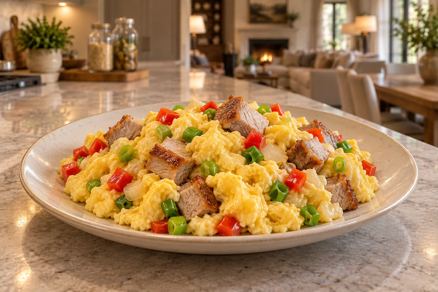 Fresh pork roast scrambled eggs for Full GAPS on a cream plate